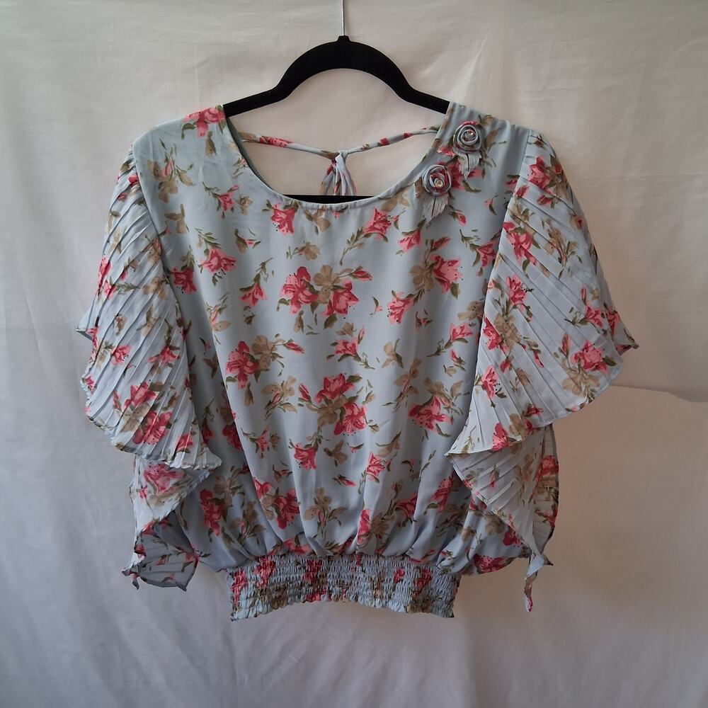 Misty Blue Women Blue Pink green Floral Top Pleated Butterly Sleeves Summer-XXL